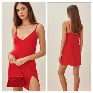 Reformation Harlowe Red Slip Mini Dress Side Slit NWT